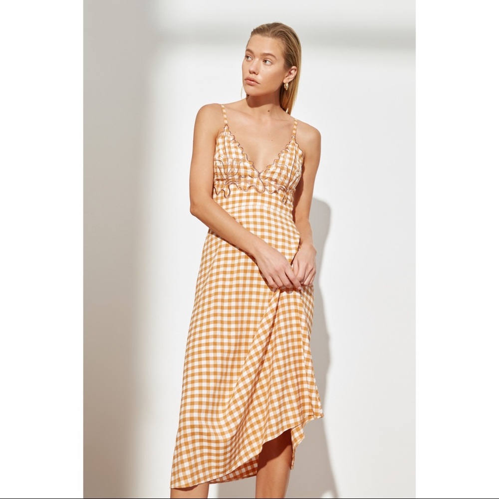 Spaghetti Strap Maxi Orange White Plaid Dress